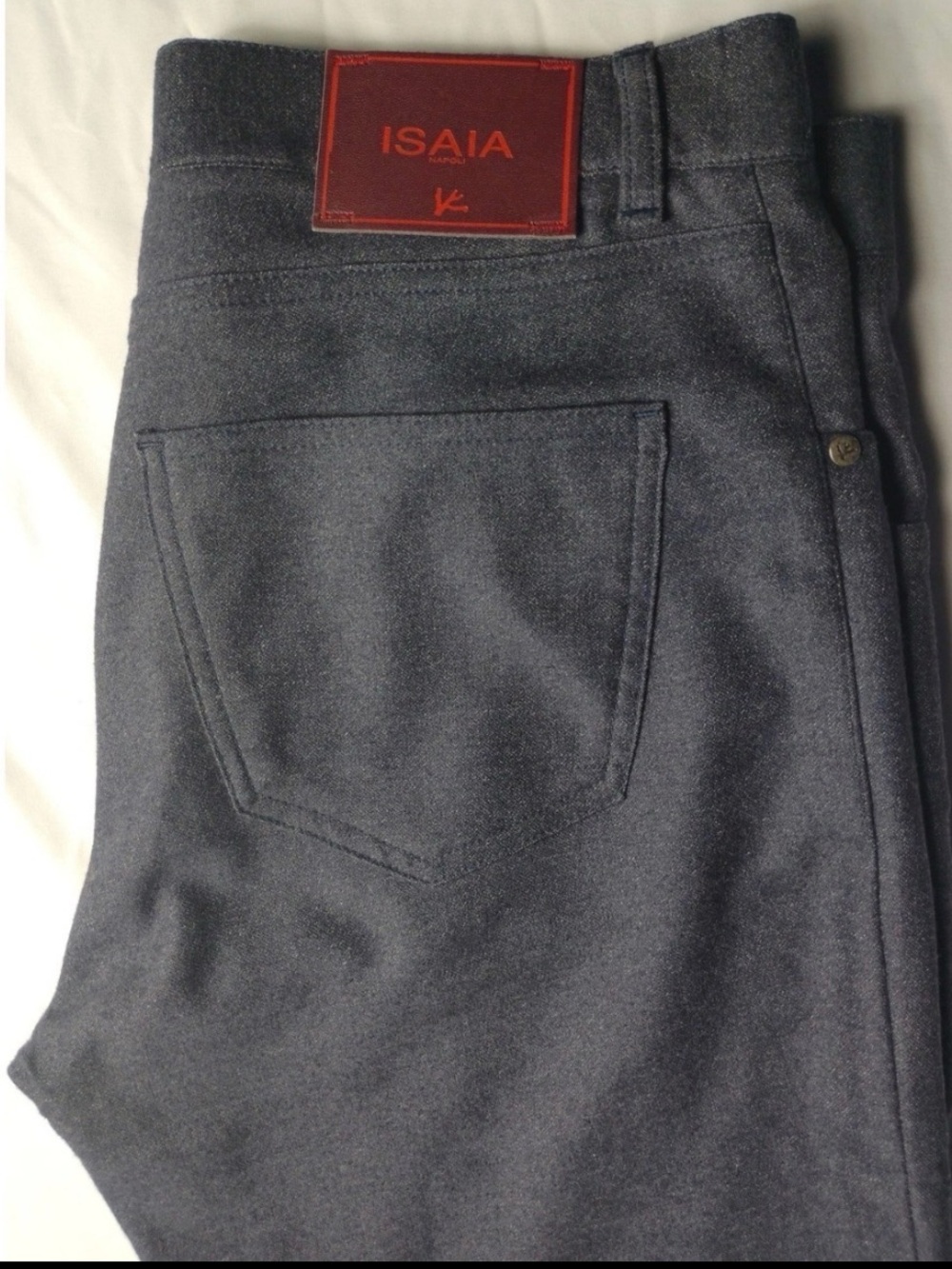 Isaia Slim Straight Jeans in Charcoal Gray with Red Leather Patch